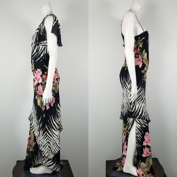 Alberto Makali Black Floral Asymmetrical One Shoulder Maxi Rayon Dress Size 8 - Picture 2 of 16
